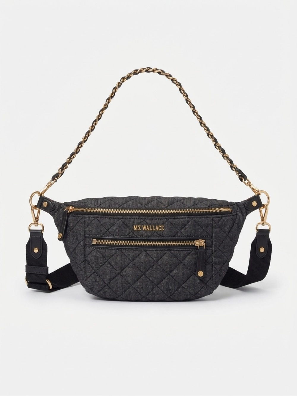 MZ Wallace Quilted Dark Gray Crossbody Belt Bag with Gold Hardware